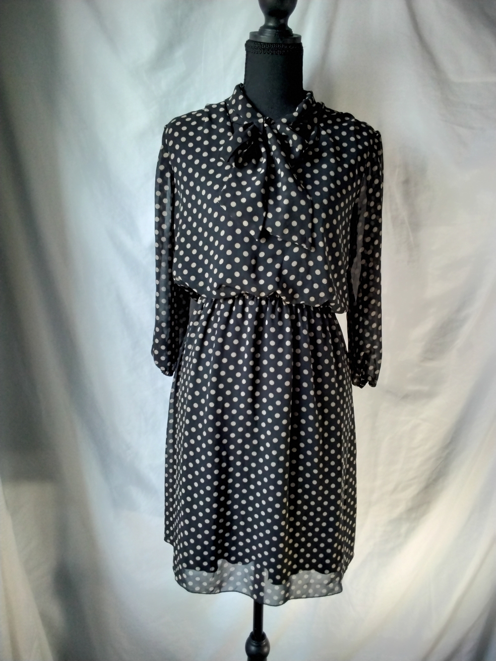 Enfocus Studio Black Polka Dot Long Sleeve Tie-Neck Dress